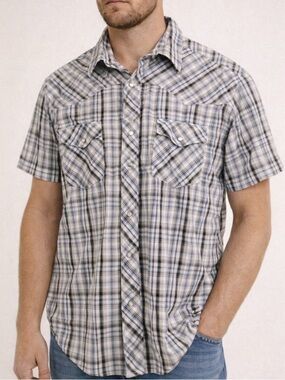 Wrangler Shirt Men’s Size XL Short Sleeve Western Pearl Snap Blue White Plaid
